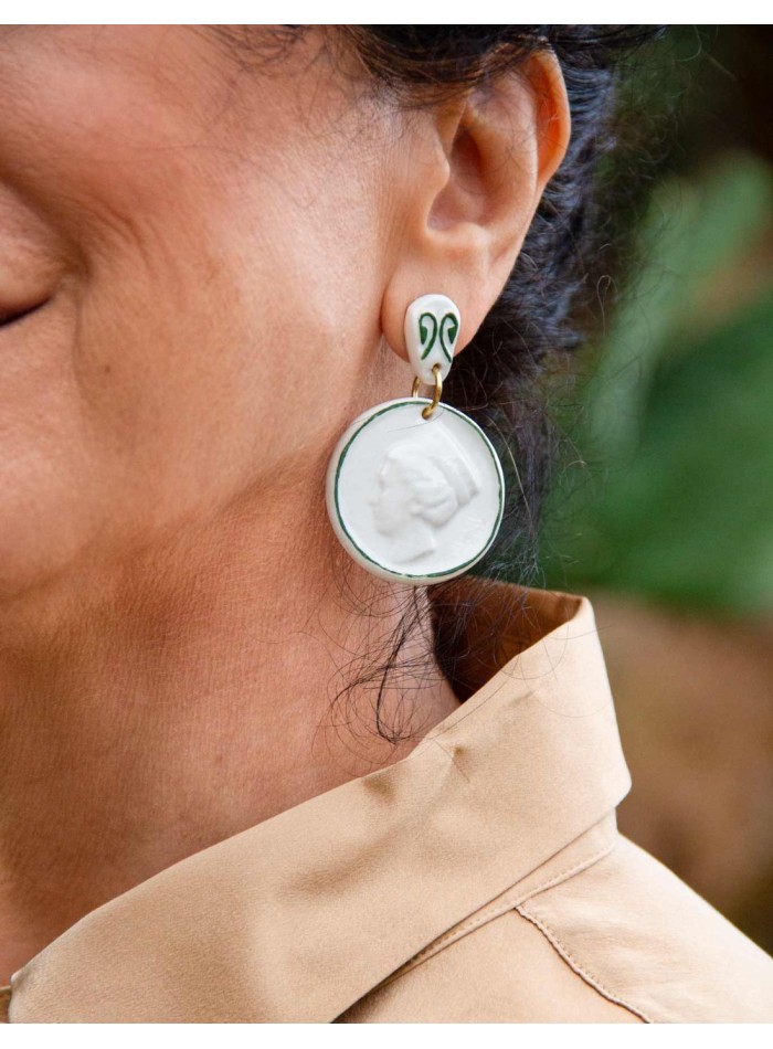 Long earrings with glazed ceramic medallions