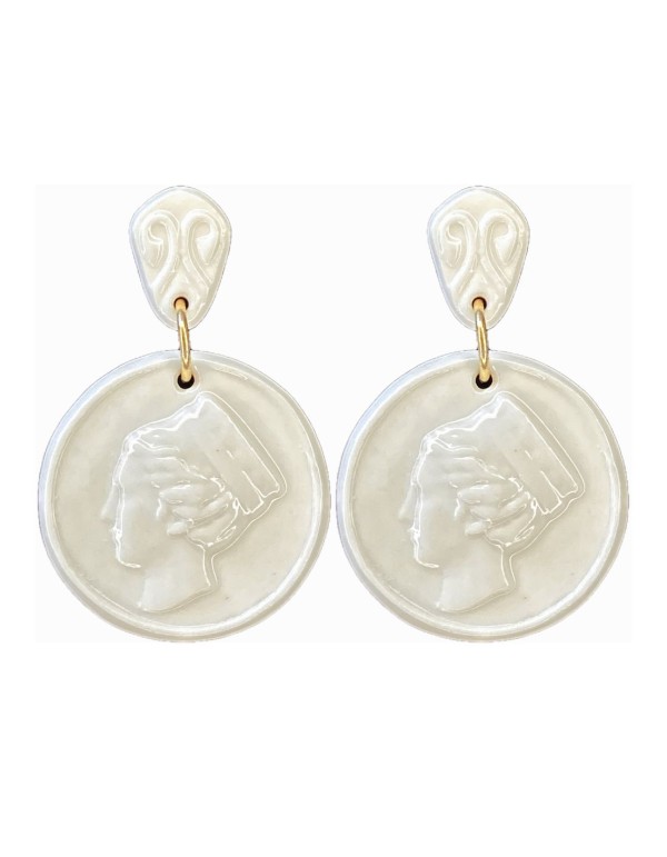 Cibeles medal long earrings in white ceramic