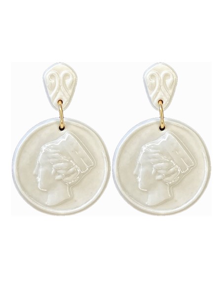 Cibeles medal long earrings in white ceramic