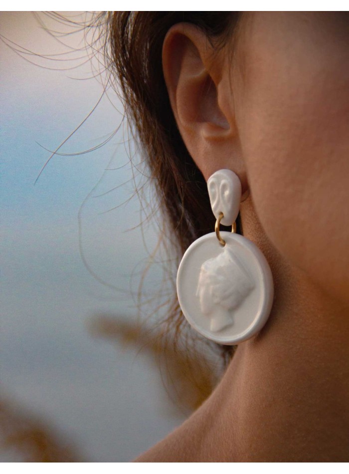 Cibeles medal long earrings in white ceramic
