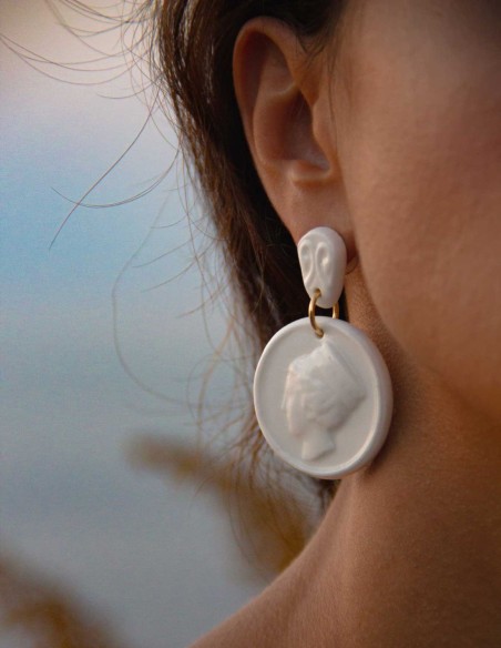 Cibeles medal long earrings in white ceramic