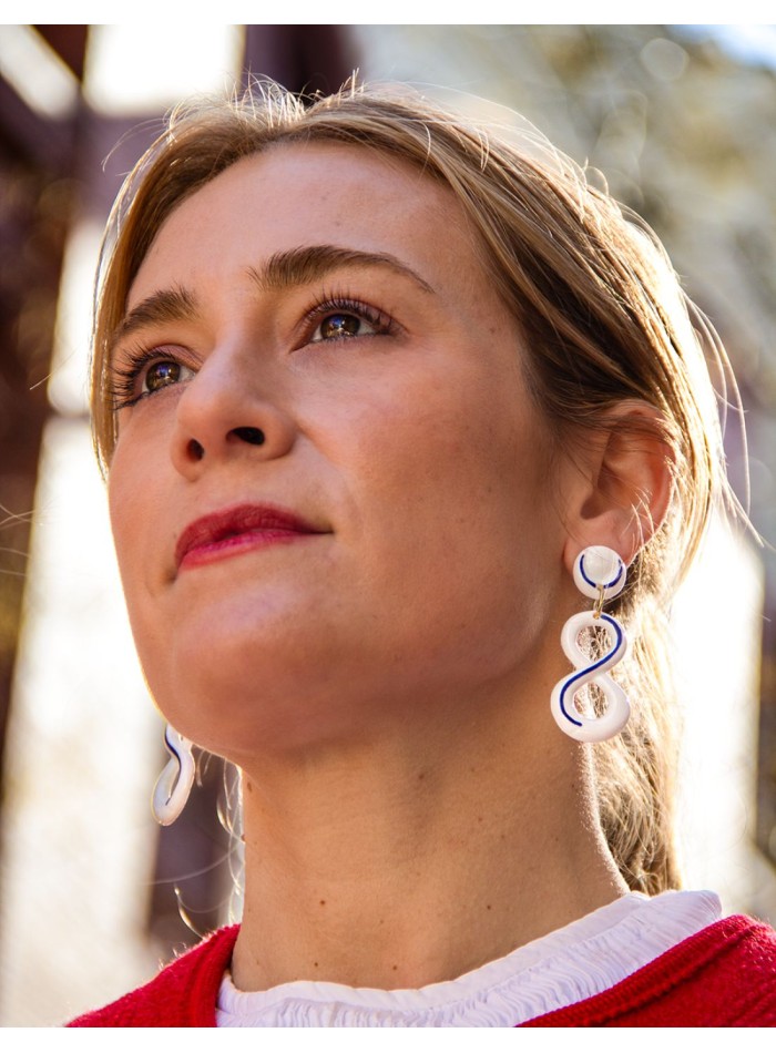 Blue enamelled ceramic infinity long earrings