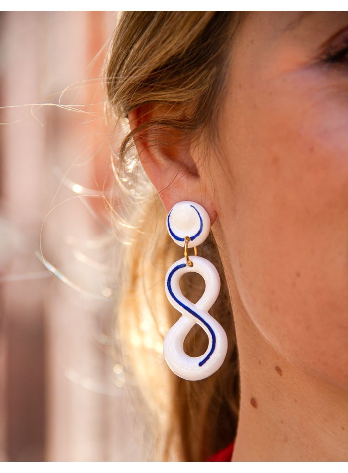 Blue enamelled ceramic infinity long earrings