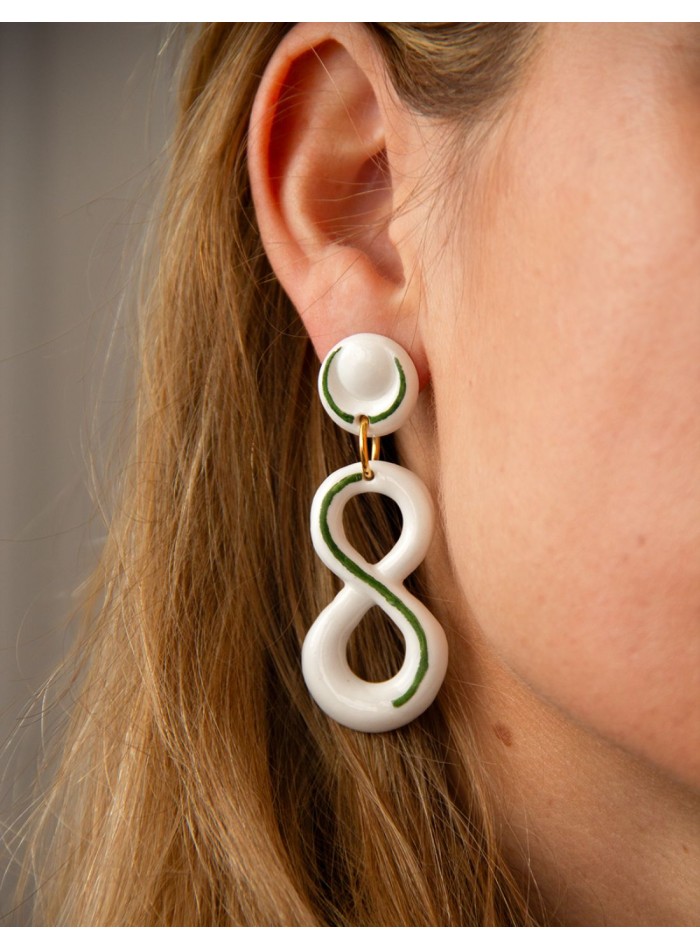 Green enamelled ceramic infinity long earrings
