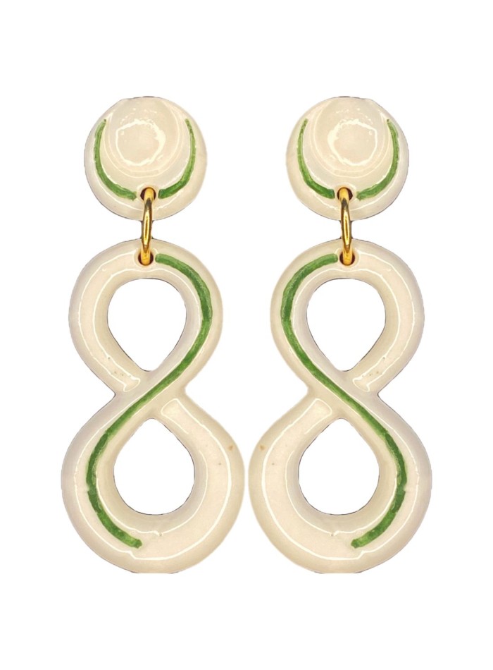 Green enamelled ceramic infinity long earrings
