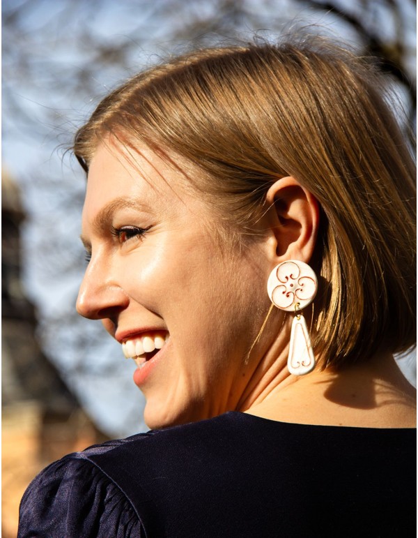 Painted white porcelain ceramic long earrings 2