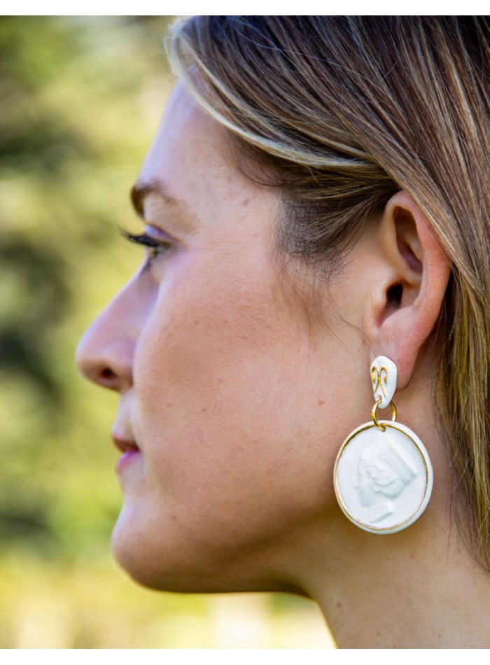 Porcelain medal earrings painted in gold