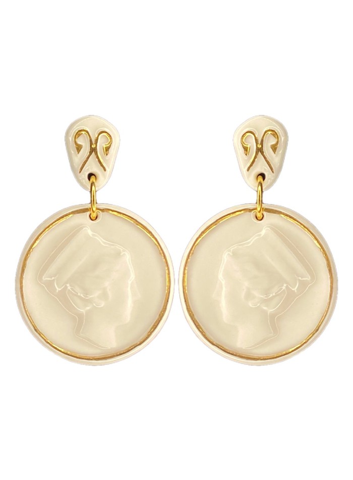 Porcelain medal earrings painted in gold