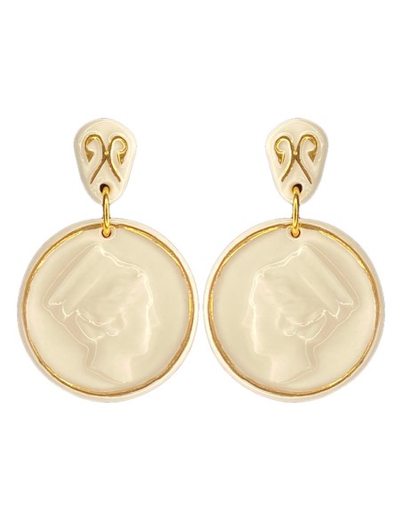 Boucle d'oreilles médaille en porcelaine peinte en or