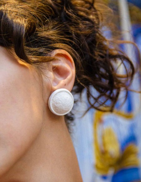 White ceramic textured button party earrings