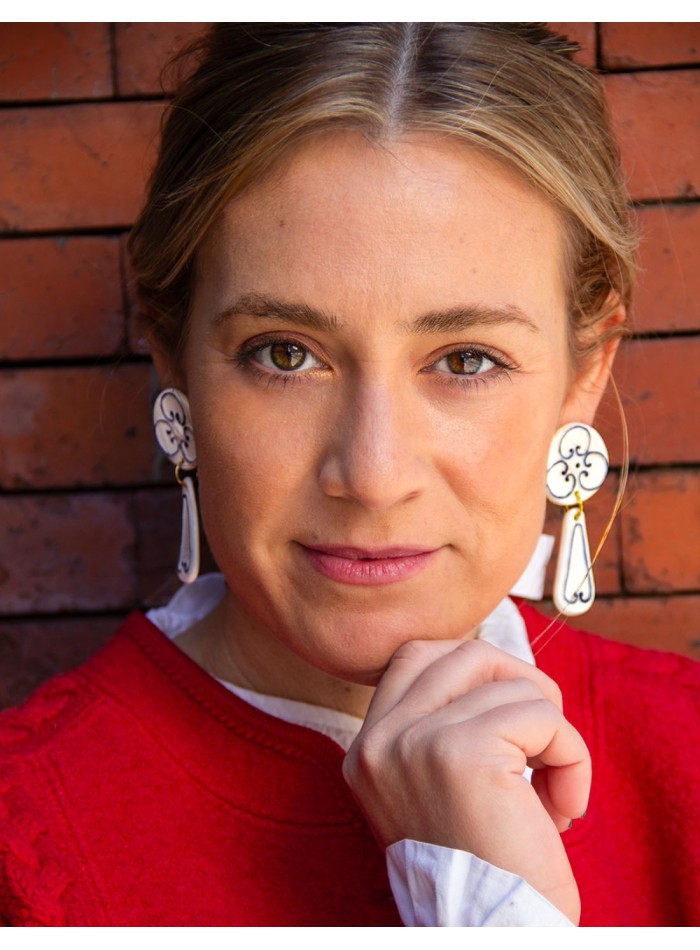 Blue painted porcelain ceramic long earrings