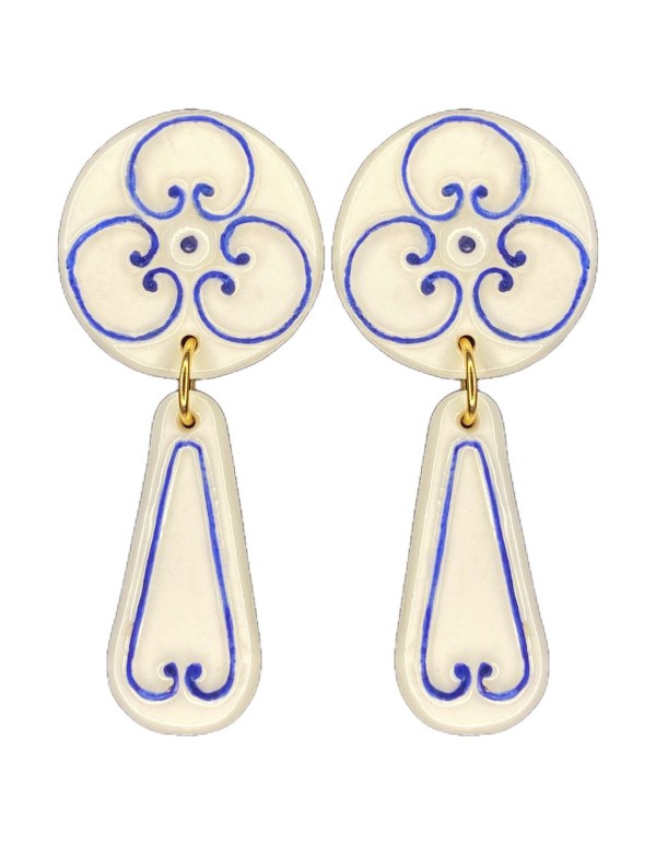 Blue painted porcelain ceramic long earrings