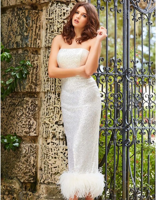 Strapless midi party dress with sequins and feathers