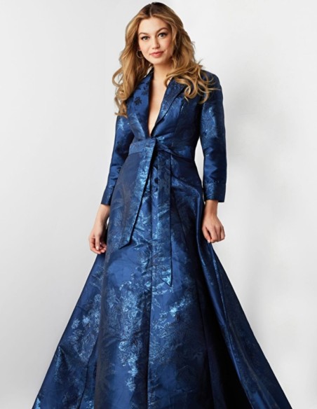 Robe longue de fête en brocart avec corsage et revers de smoking