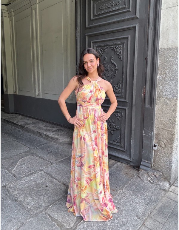 Robe longue imprimée avec encolure dos nu et strass