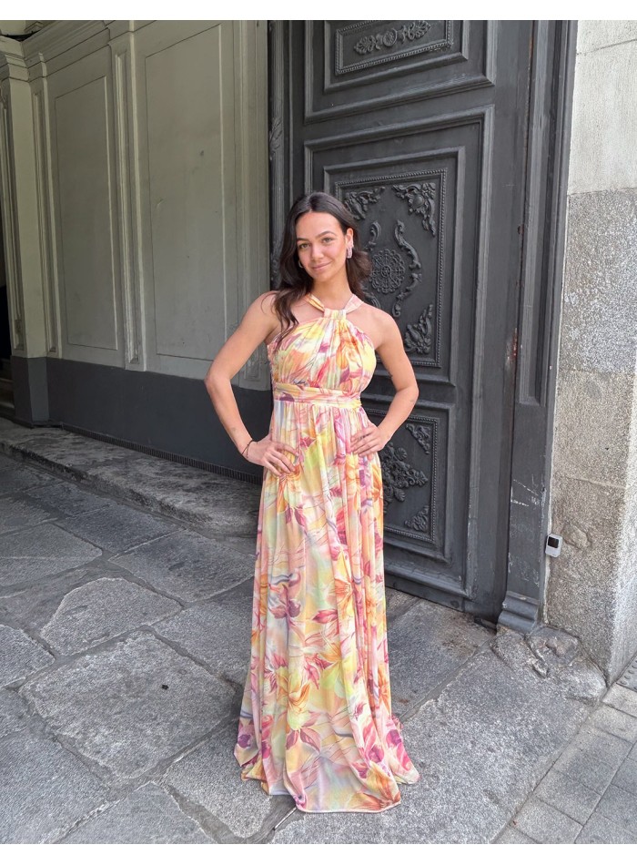 Robe longue imprimée avec encolure dos nu et...