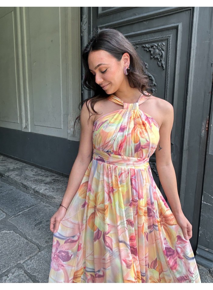 Long printed gown with halter necklines