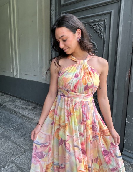 Long printed gown with halter necklines