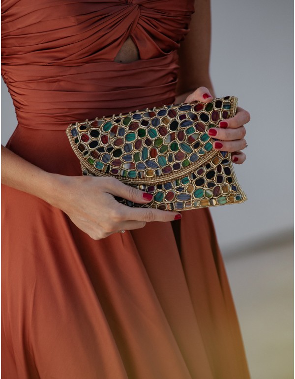 Handmade gold clutch bag with hand-stitched rhinestones...