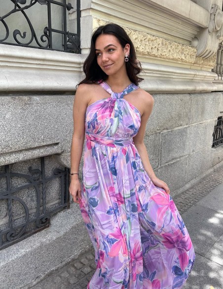Vestido de fiesta largo estampado con cuello halter