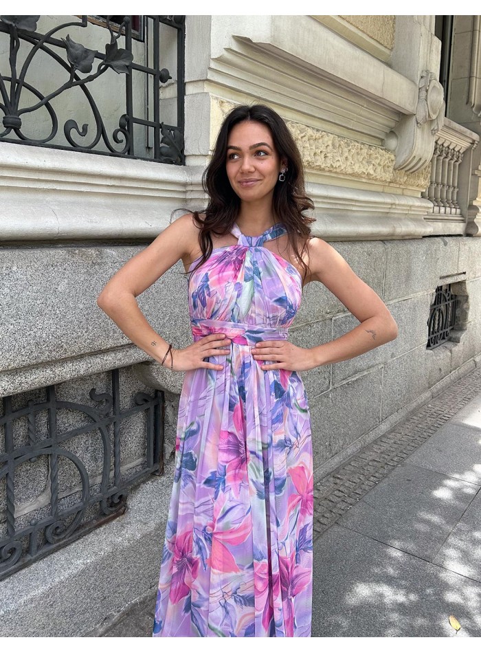 Robe longue imprimée avec encolure dos nu et...