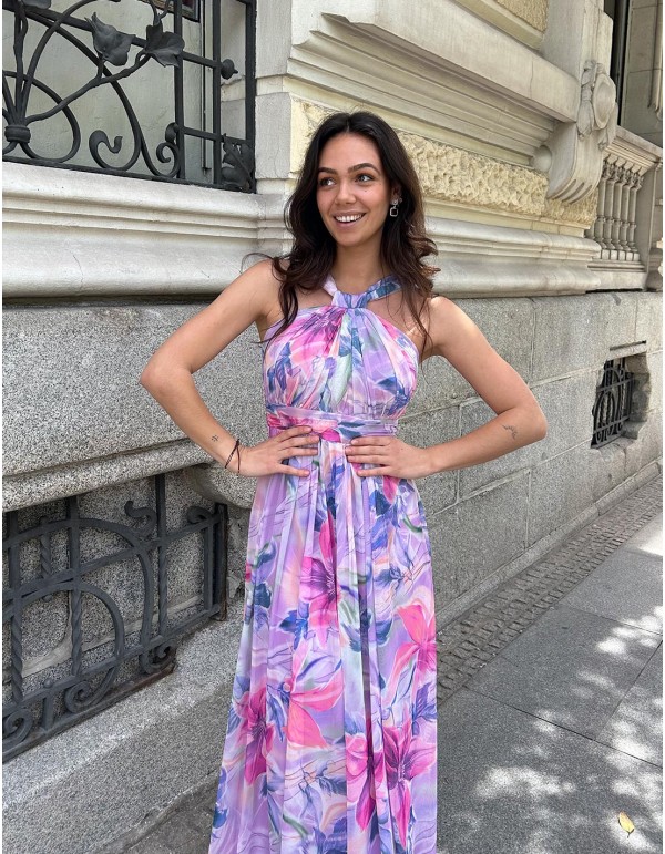 Long printed party dress with halter neckline and rhinestones