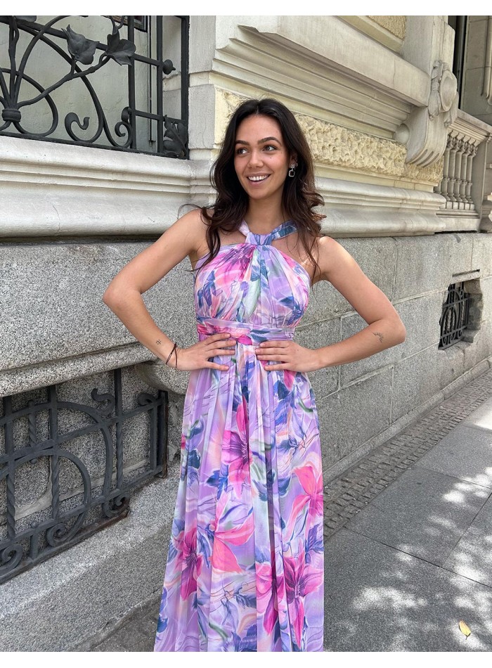 Long printed party dress with halter neckline and rhinestones