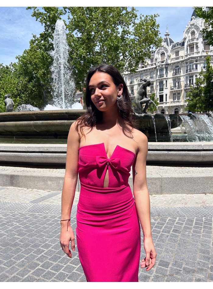 strapless long party gown with a front bow