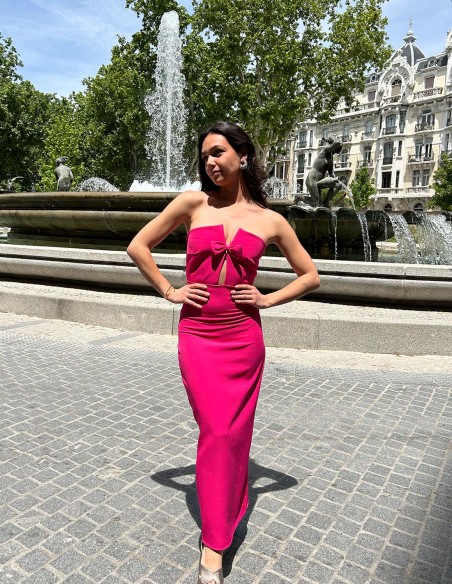 strapless long party gown with a front bow