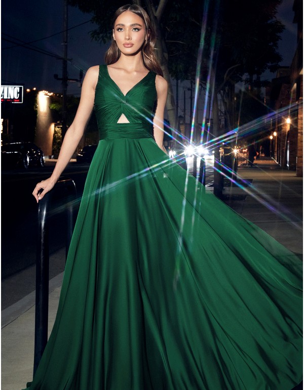 Vestido de fiesta largo satinado con escote drapeado de tirantes 2