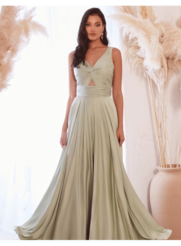Vestido de fiesta largo satinado con escote drapeado de tirantes verde agua