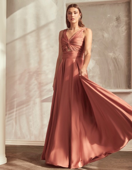 Long satin gown with draped strap neckline