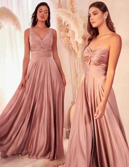 Long satin gown with draped strap neckline
