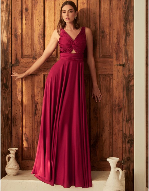 Robe longue de fête en satin avec encolure drapée à...