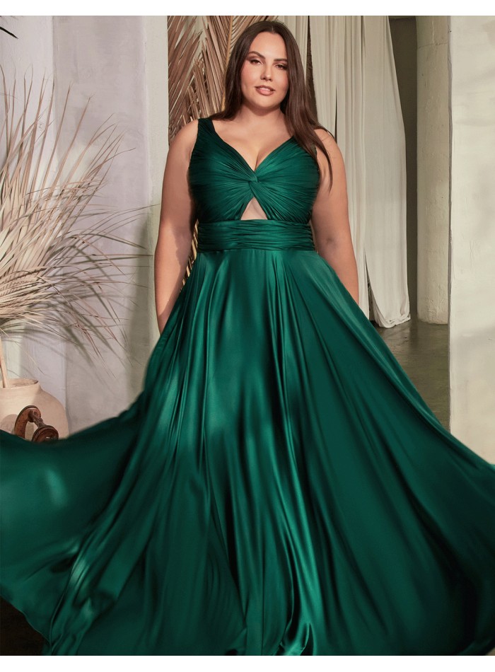 Vestido de fiesta largo satinado con escote drapeado de tirantes talla grande verde