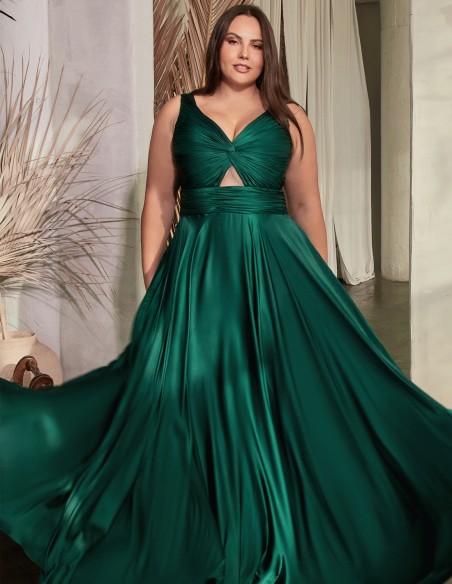Long satin gown with draped strapless straps neckline - plus size neckline