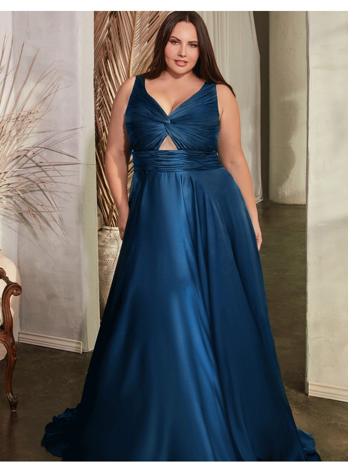 Long satin gown with draped strapless straps...