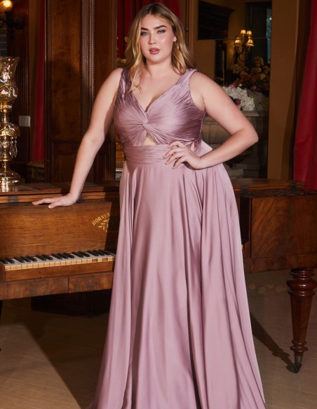 Robe longue de fête en satin avec bretelles drapées décolleté taille plus