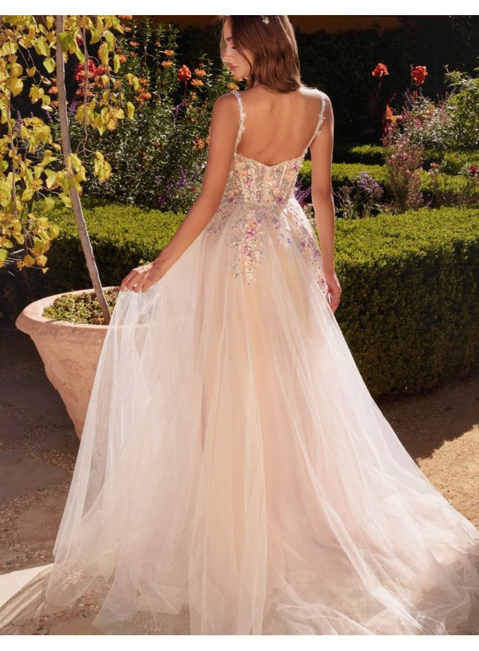 Robe longue de fête en tulle avec corsage fleuri
