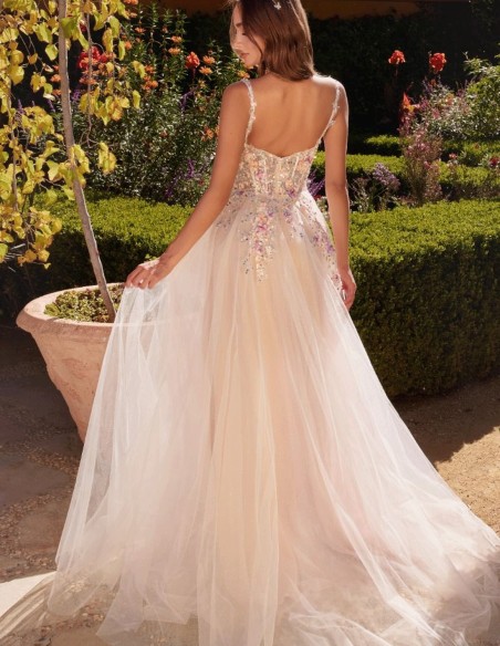 Robe longue de fête en tulle avec corsage fleuri