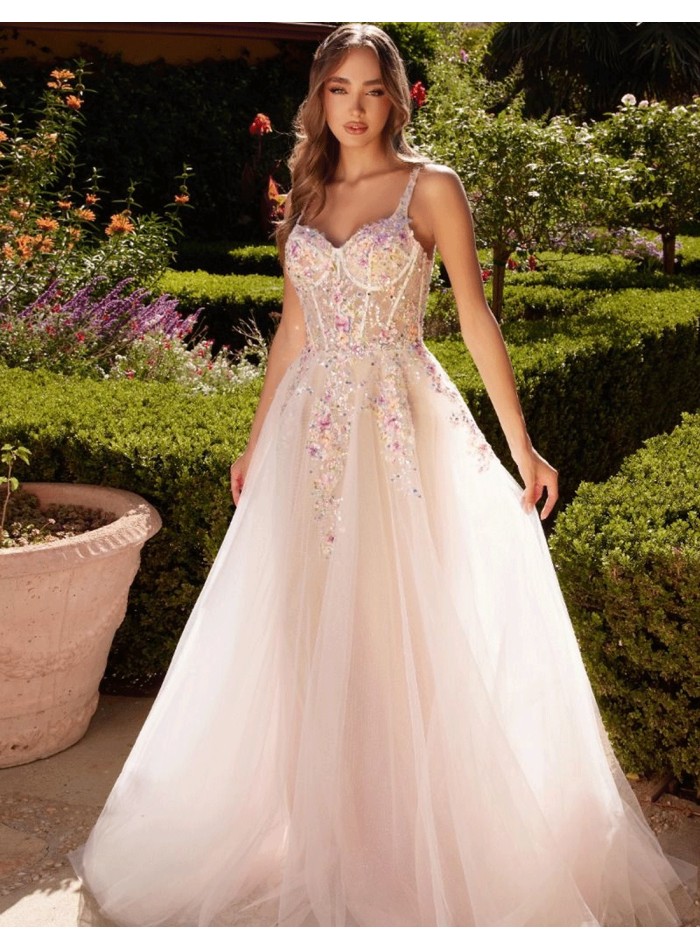 Long tulle gown with a floral bodice
