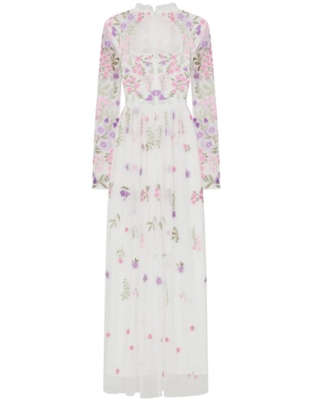Robe longue blanche en tulle brodé de fleurs