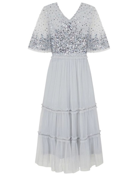 Éter blue cocktail party dress with sequined embroidered tulle