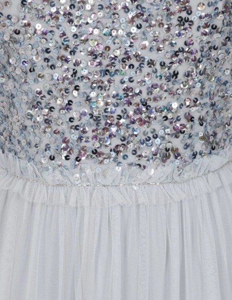 Robe de cocktail bleue en tulle brodé de sequins