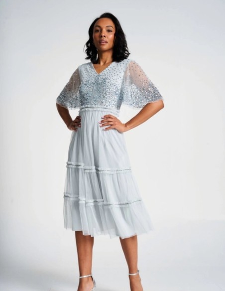 Vestido cóctel de fiesta azul con tul bordado de lentejuelas