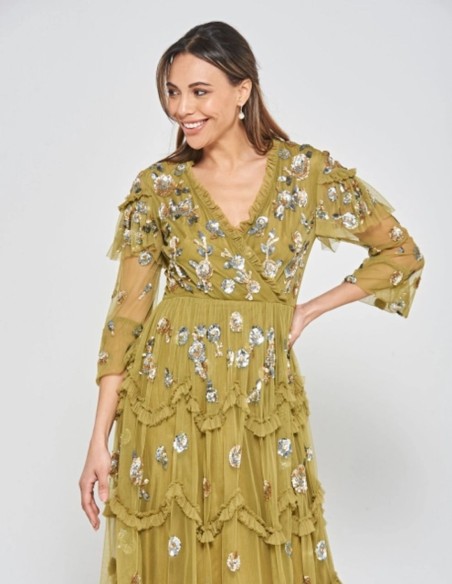 Vestido midi de fiesta con volantes y lentejuelas ocre