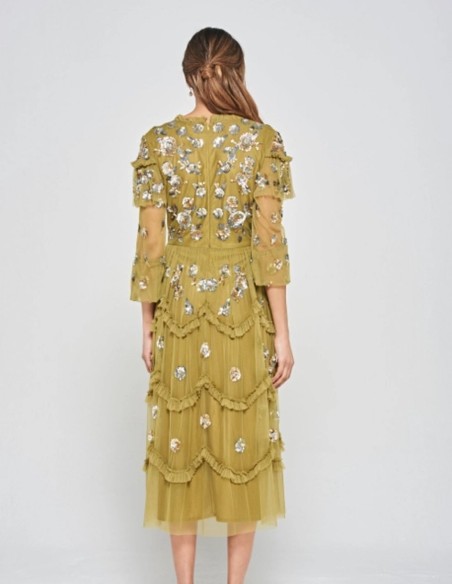 Robe de soirée midi avec volants et sequins ocre