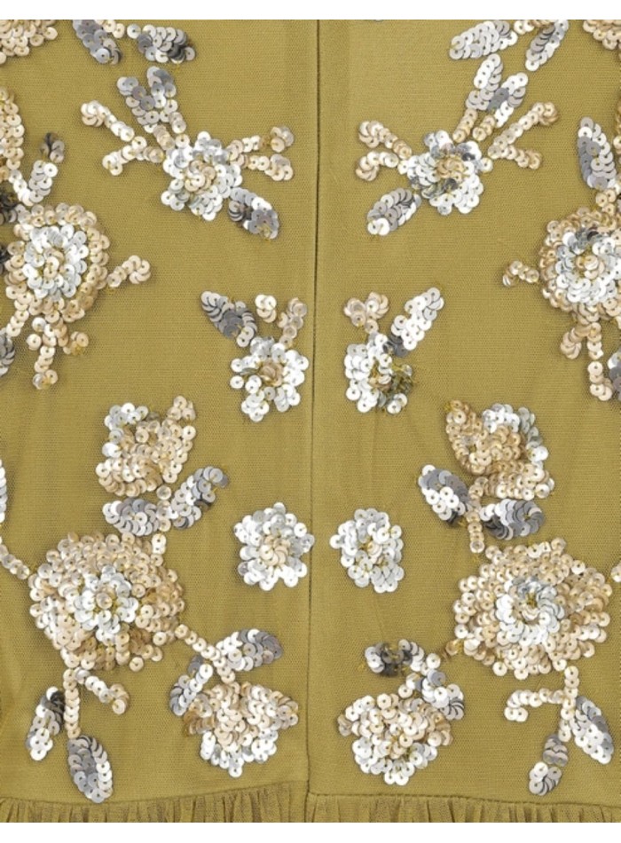 Midi party dress with ruffles and ochre sequins