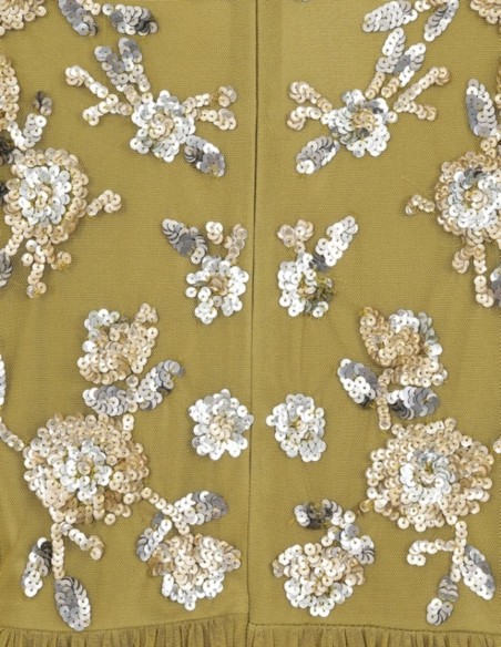 Robe de soirée midi avec volants et sequins ocre