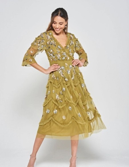Robe de soirée midi avec volants et sequins ocre